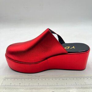 YDN Red Cute Round Toe Platform Heeled Mules Mid Wedge Heels Slippers Sandals